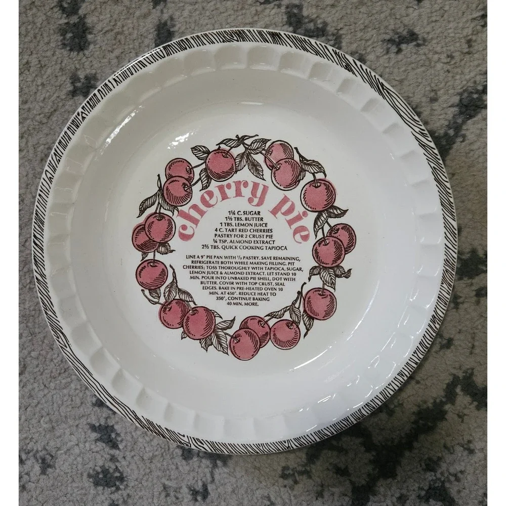 Vintage Cherry Pie Recipe Ceramic Baking Dish 10 Inch White Stoneware Plate